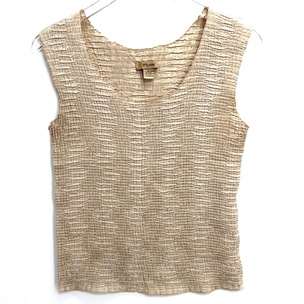 VTG Plisse Crinkle Texture Tank Top Size L Fairy Whimsigoth Champagne Sleeveless